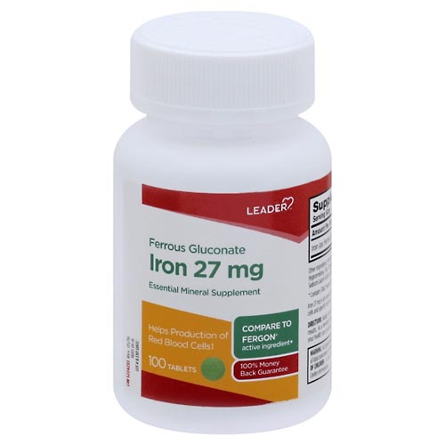 Image for Leader Ferrous Gluconate, Iron 27 mg, Tablets,100ea from Brashear's Pharmacy
