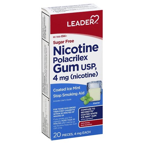 Image for Leader Nicotine Polacrilex Gum, 4 mg, Coated Ice Mint,20ea from Brashear's Pharmacy