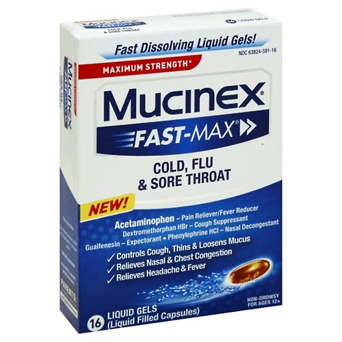 Image for Mucinex Cold, Flu & Sore Throat, Maximum Strength, Liquid Gels,16ea from Brashear's Pharmacy